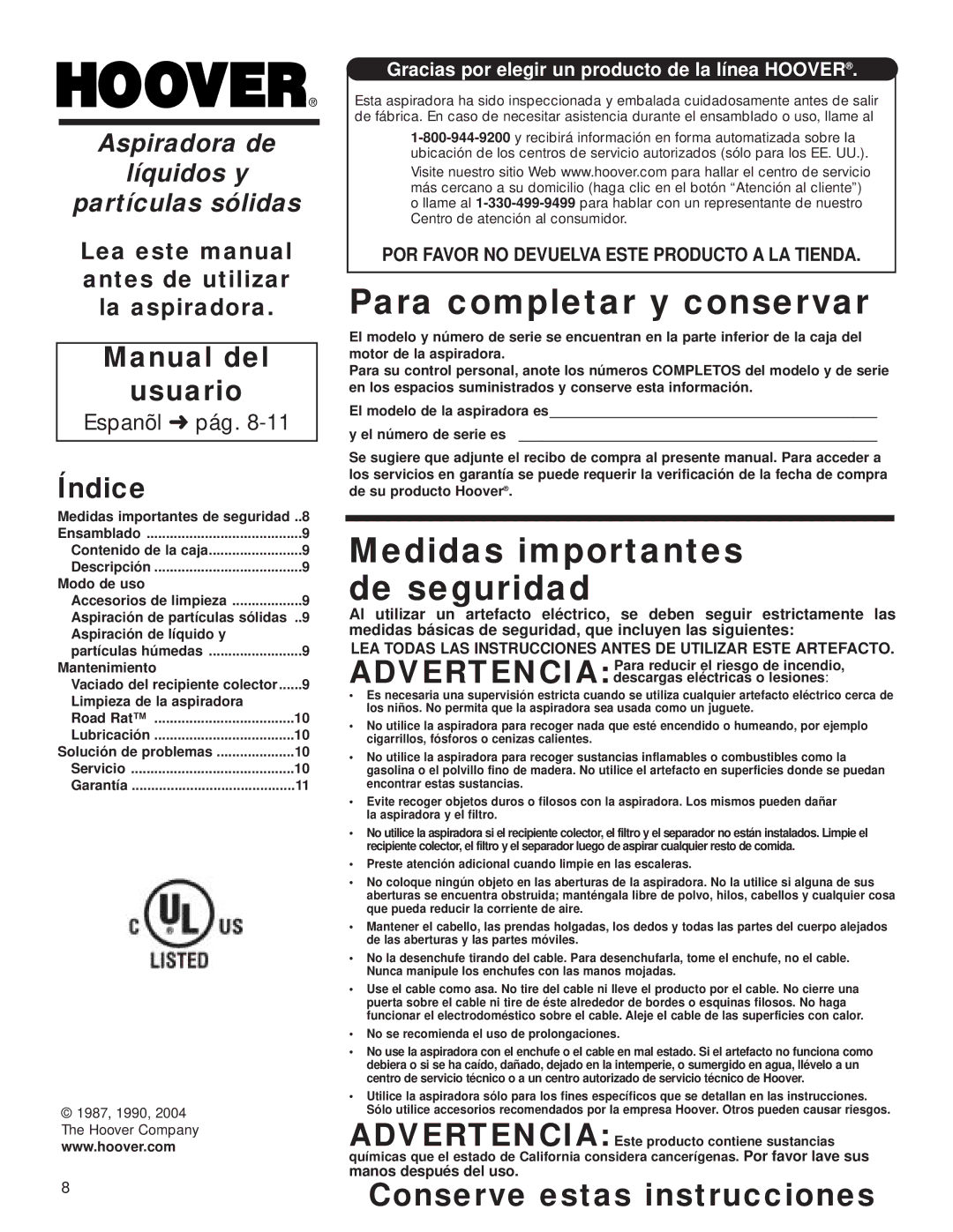 Hoover Road Rat Wet & Dry Cleaner owner manual Manual del Usuario, Índice 