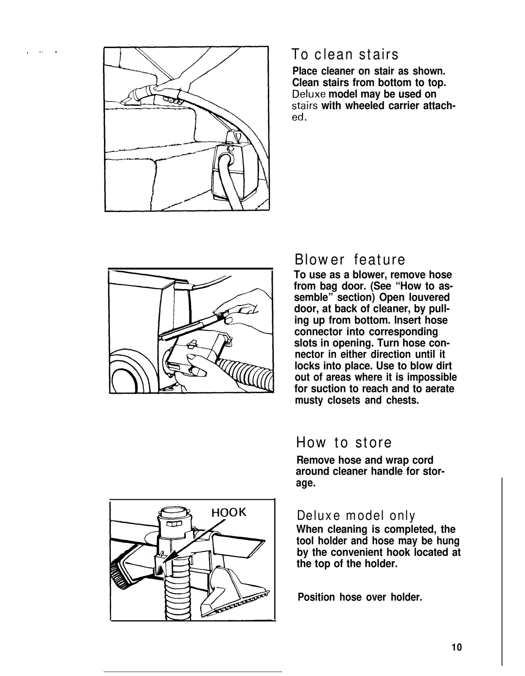 Hoover S1029-075, S1049, S1055 manual To clean stairs, Blower feature, How to store, Deluxe model only 