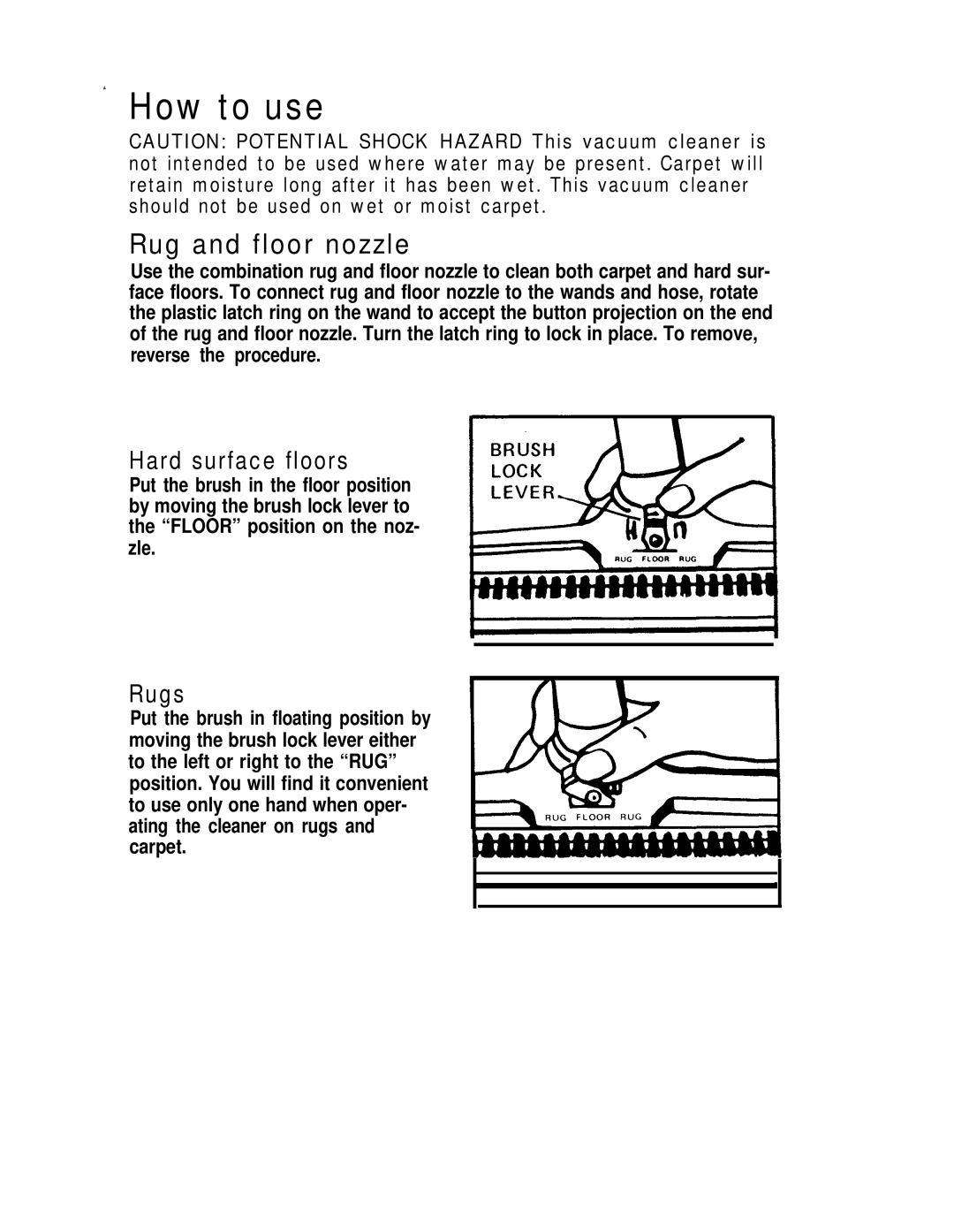 Hoover S1029-075, S1049, S1055 manual How to use, Rug and floor nozzle, Hard surface floors, Rugs 