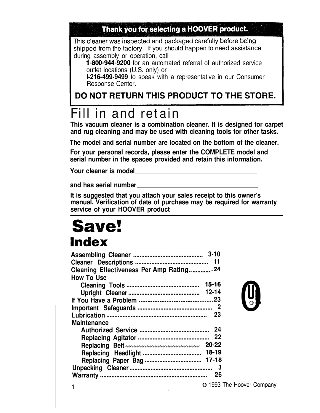 Hoover S1223, S1211 manual Fill in and retain 