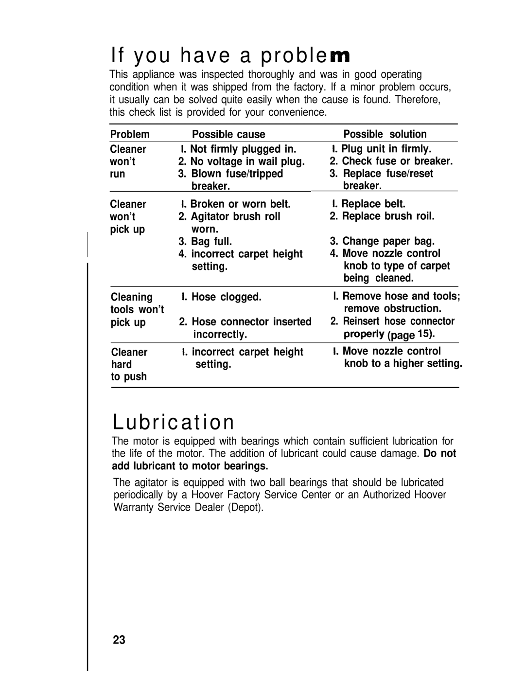 Hoover S1223, S1211 manual If you have a proble, Lubrication, To push 