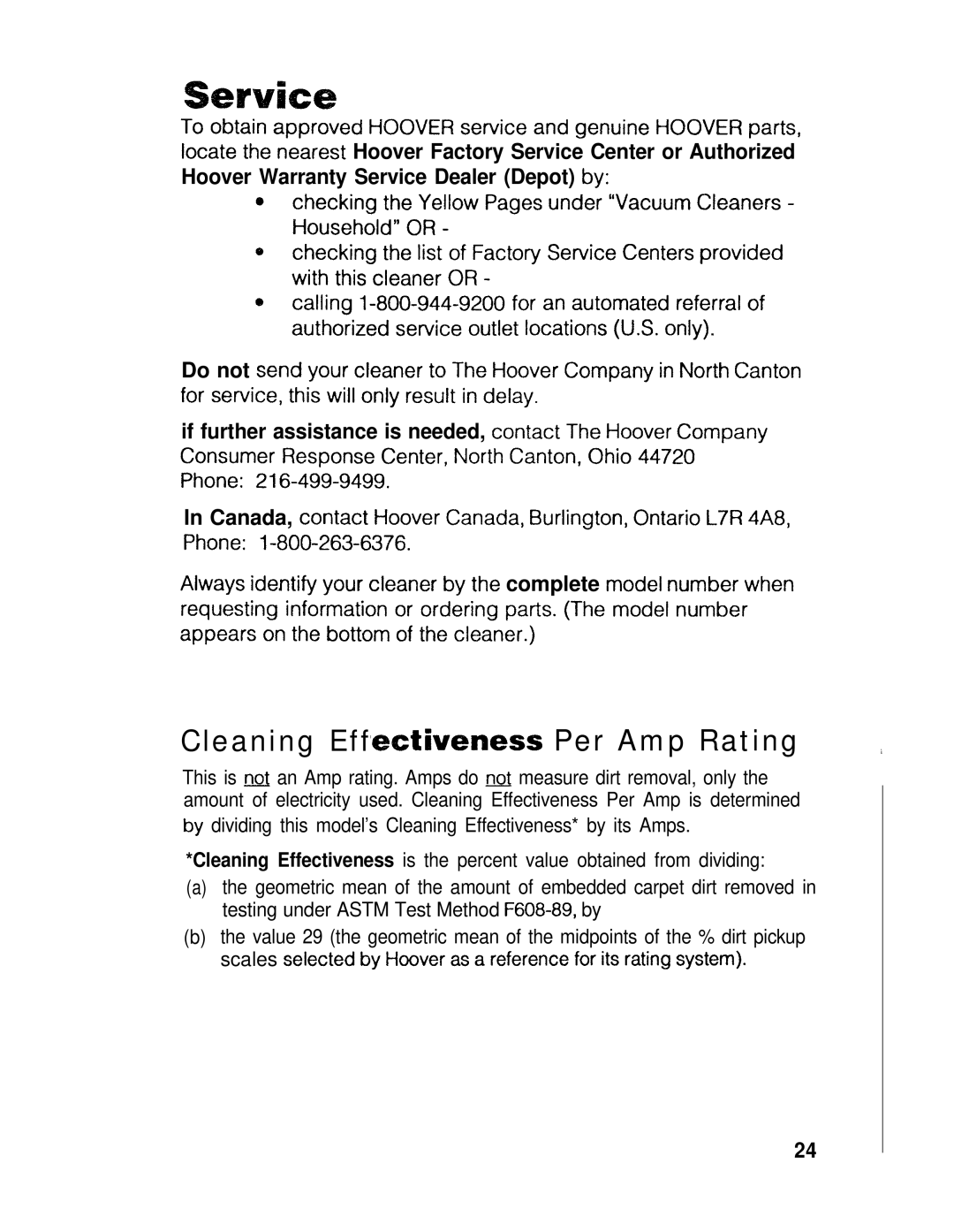 Hoover S1211, S1223 manual Cleaning Eff ctiveness Per Amp Rating 