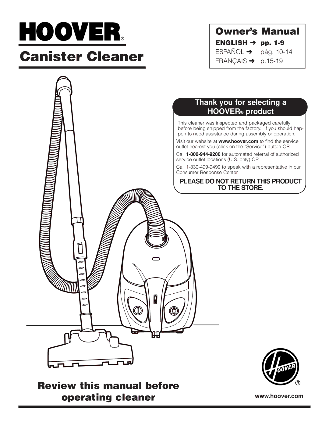 Hoover S1349 owner manual Canister Cleaner, English pp 