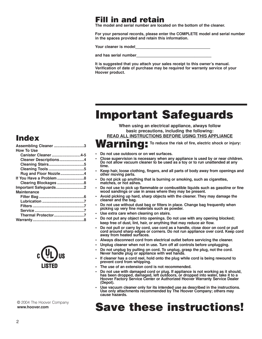 Hoover S1349 owner manual Important Safeguards 