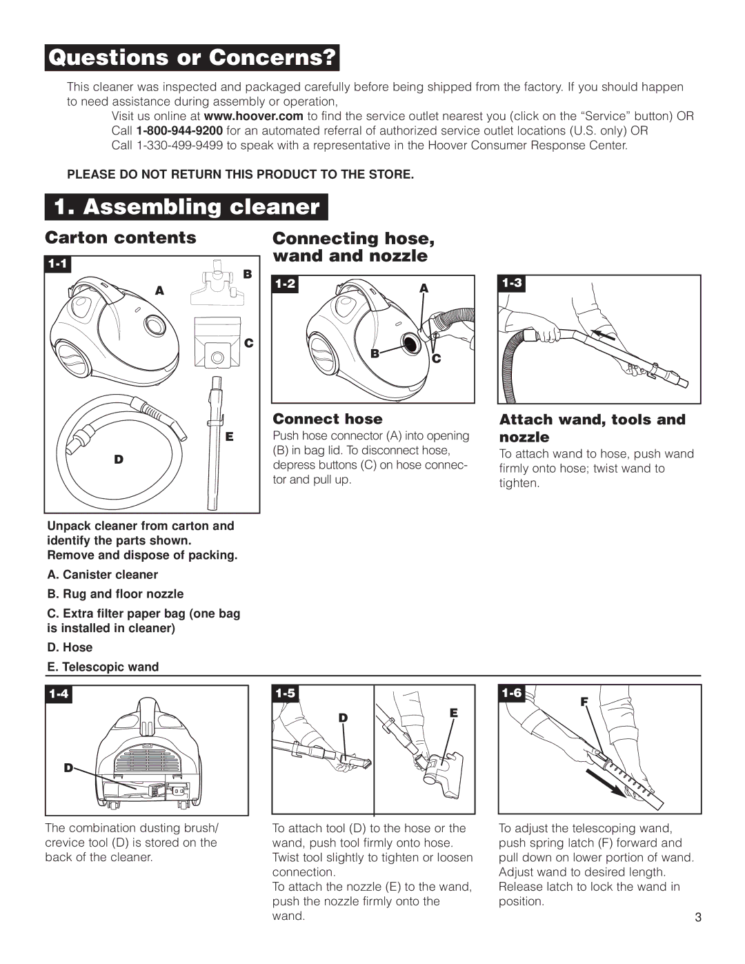 Hoover S1349 owner manual Questions or Concerns?, Assembling cleaner, Carton contents Connecting hose, wand and nozzle 