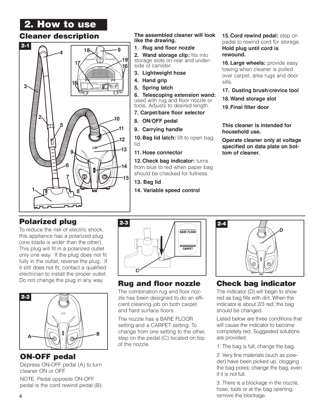 Hoover S1349 How to use, Cleaner description, Polarized plug, Rug and floor nozzle Check bag indicator, ON-OFF pedal 