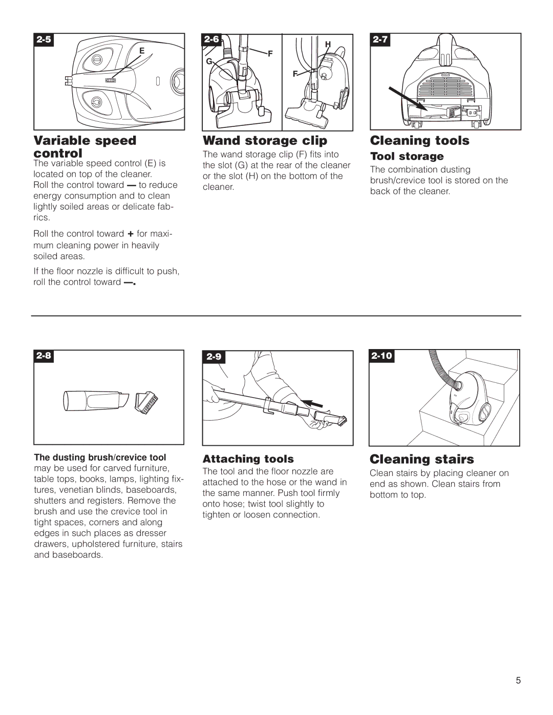 Hoover S1349 owner manual Variable speed control, Wand storage clip, Cleaning tools, Cleaning stairs 