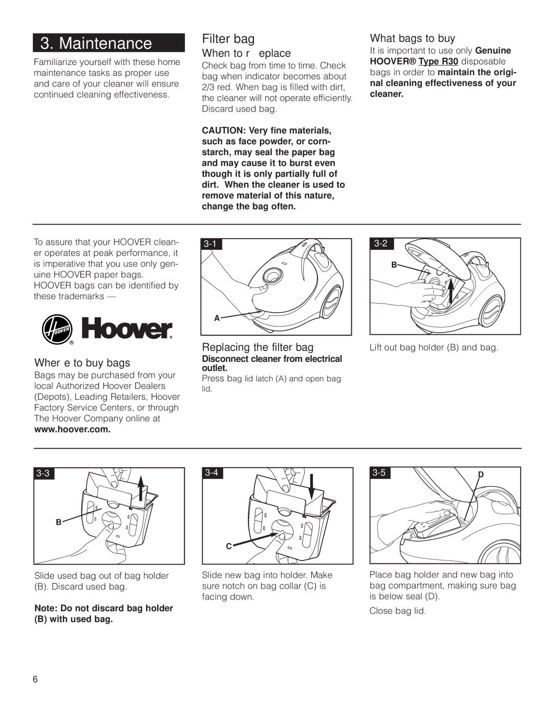 Hoover S1349 owner manual Maintenance, Filter bag 