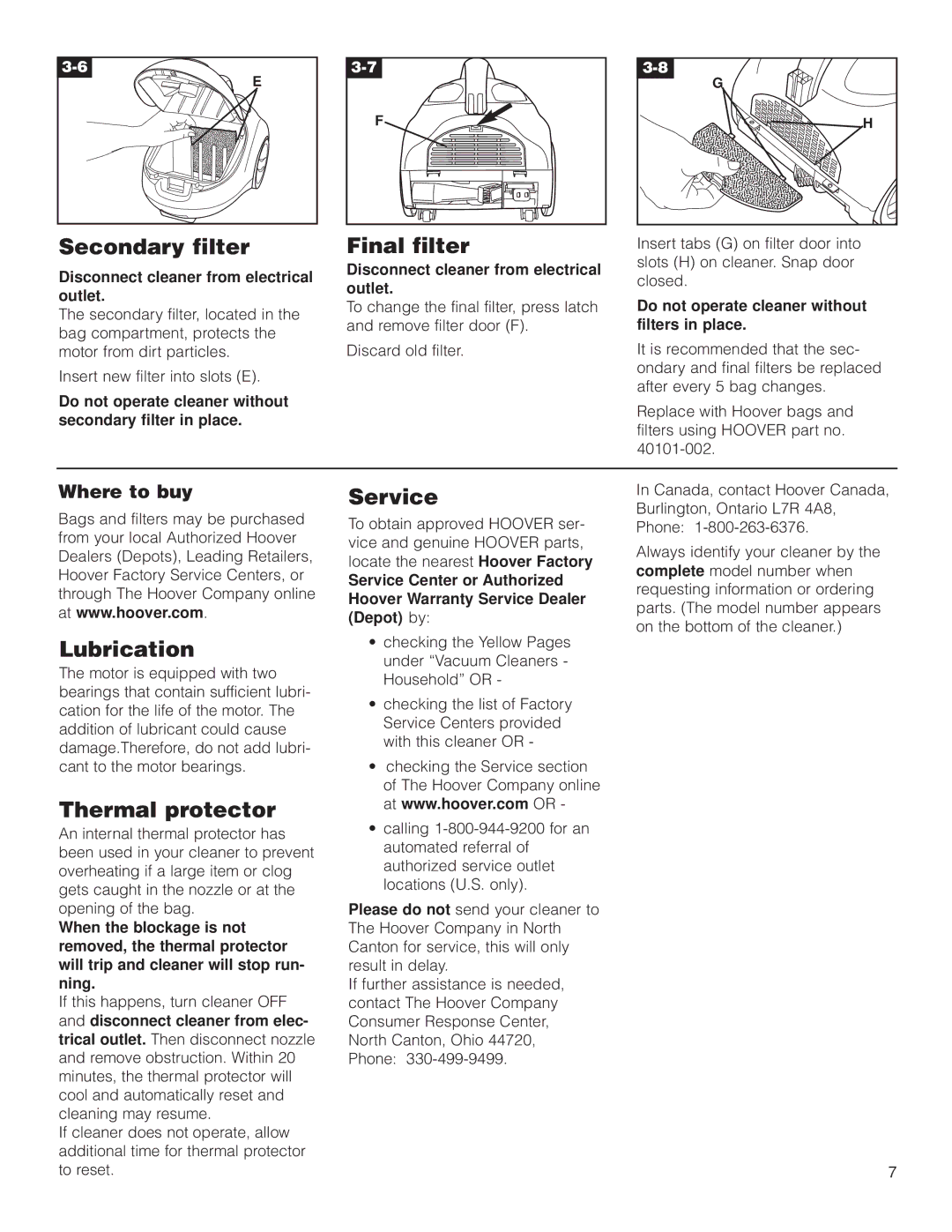 Hoover S1349 owner manual Secondary filter, Final filter, Lubrication, Thermal protector Service, Where to buy 