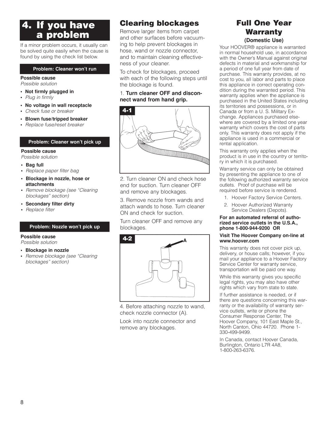 Hoover S1349 owner manual If you have a problem, Clearing blockages, Full One Year Warranty, Domestic Use 