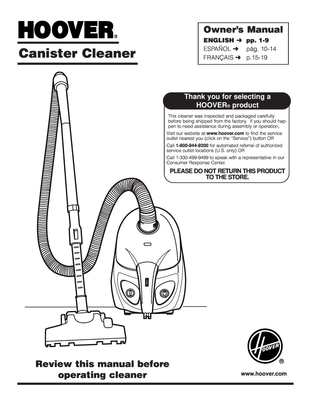 Hoover S1349 owner manual Owner’s Manual, Review this manual before operating cleaner, ENGLISH pp, Canister Cleaner 