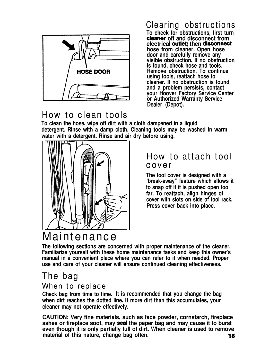 Hoover S2200 manual Maintenance, Clearing obstructions, How to clean tools, How to attach tool cover, Bag 