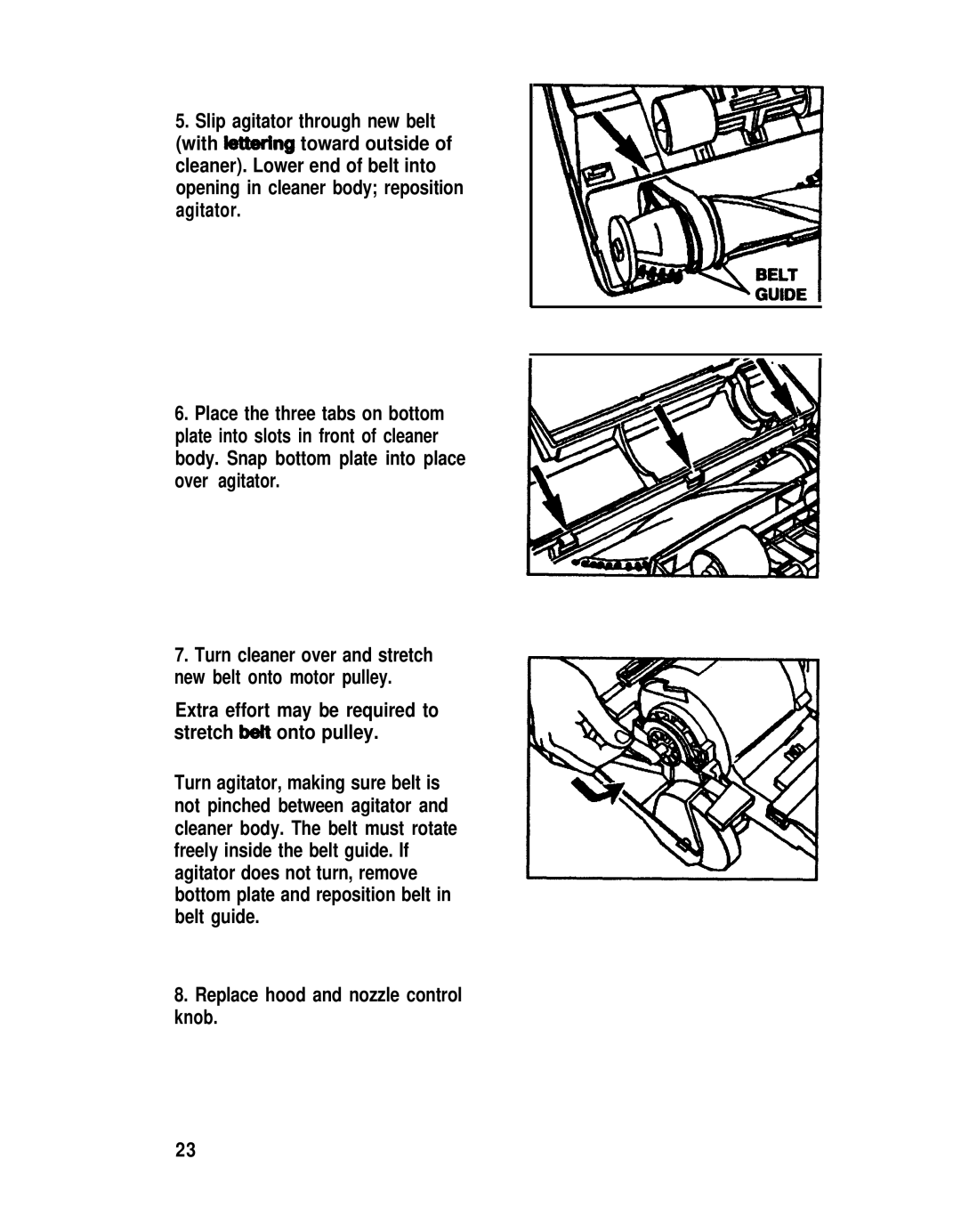 Hoover S2200 manual Turn cleaner over and stretch new belt onto motor pulley 