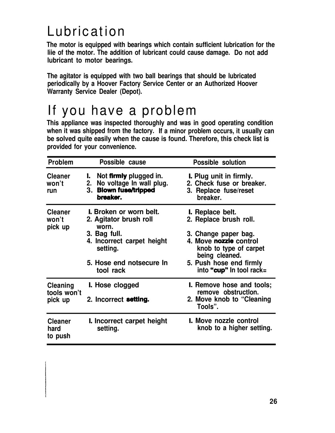 Hoover S2200 manual Lubrication, If you have a problem 