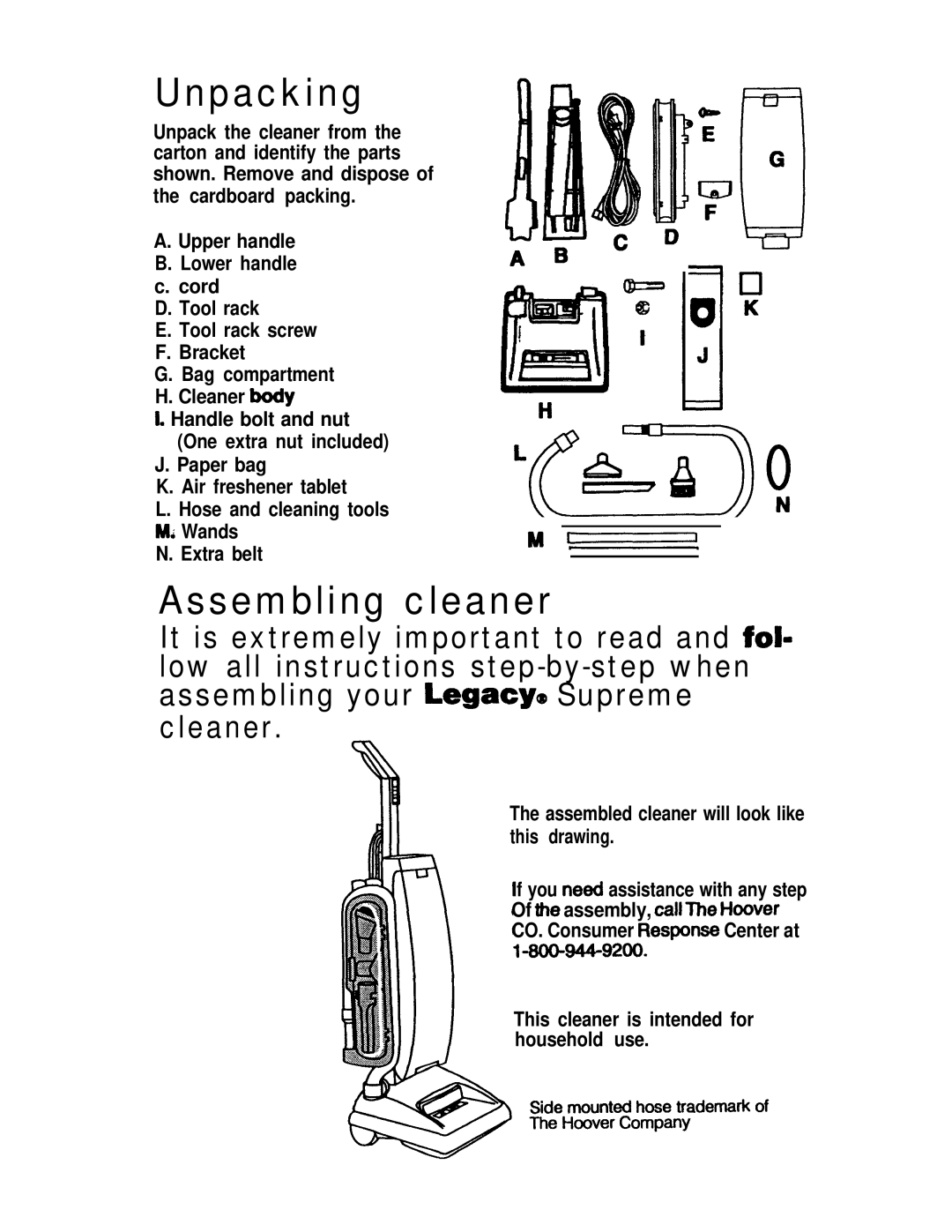 Hoover S2200 manual Unpacking, Assembling cleaner 