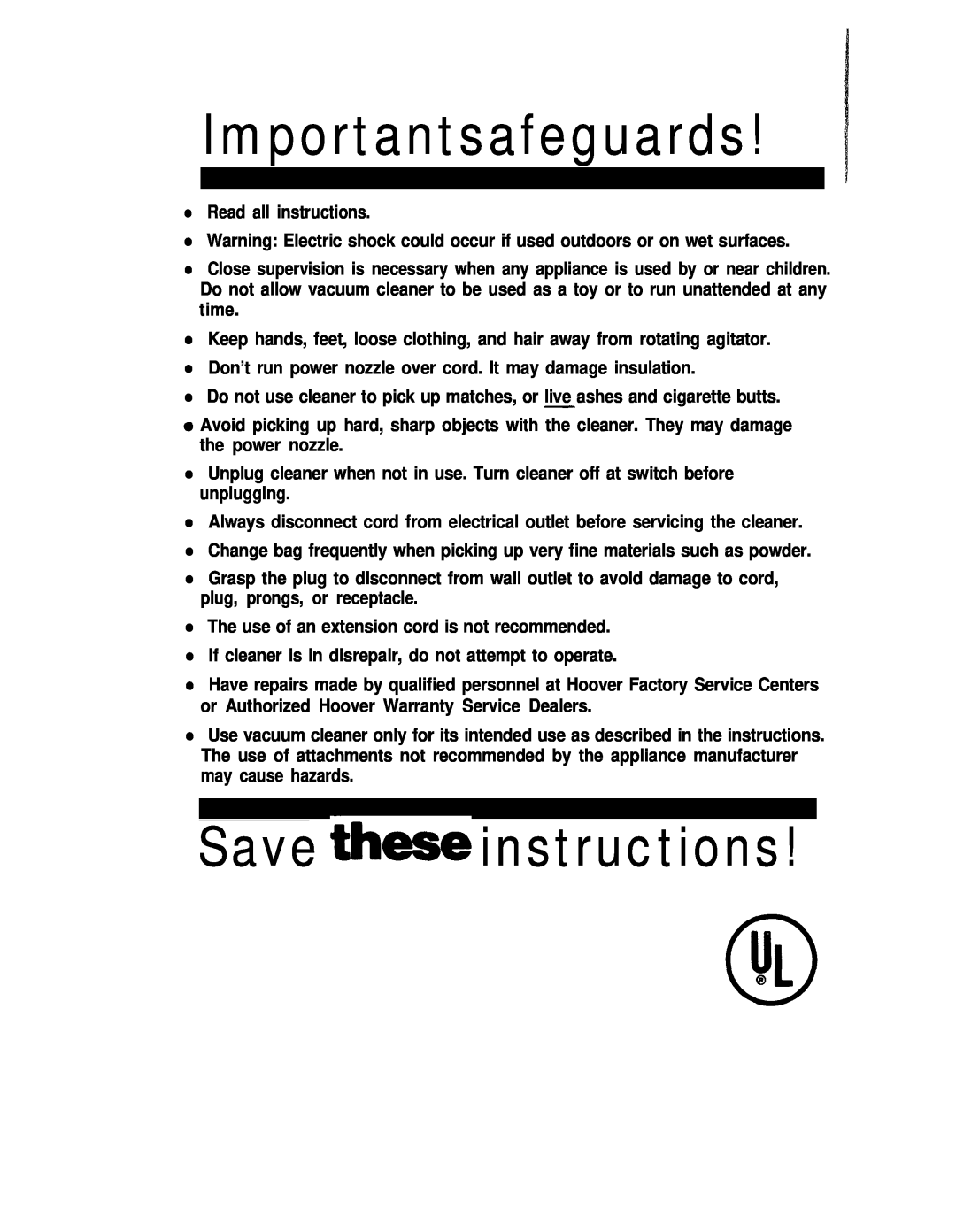 Hoover S3083-030 manual Save these instructions, Importantsafeguards 
