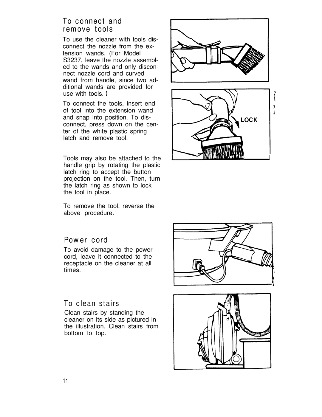 Hoover S3237, S3239 manual Power cord, To clean stairs 