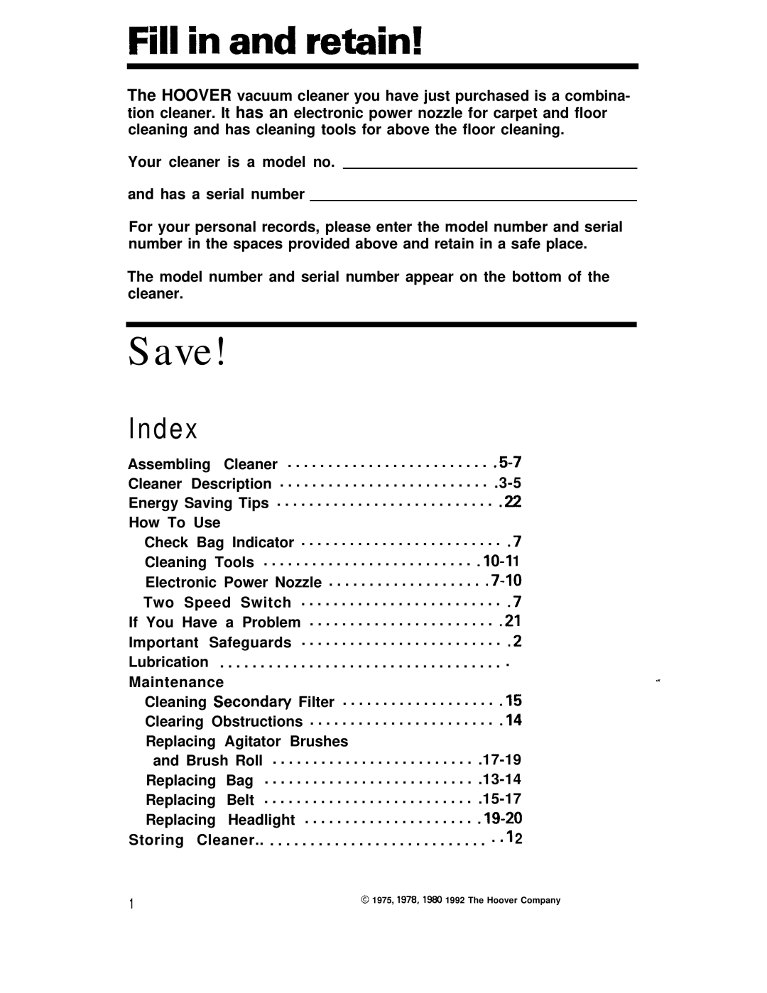 Hoover S3239, S3237 manual Save, Index 