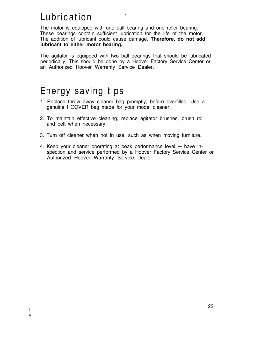 Hoover S3239, S3237 manual Lubrication, Energy saving tips 