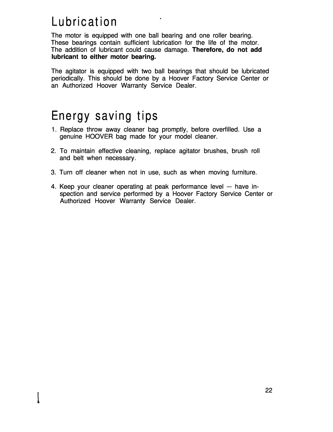 Hoover S3239, S3237 manual Lubrication, Energy saving tips 