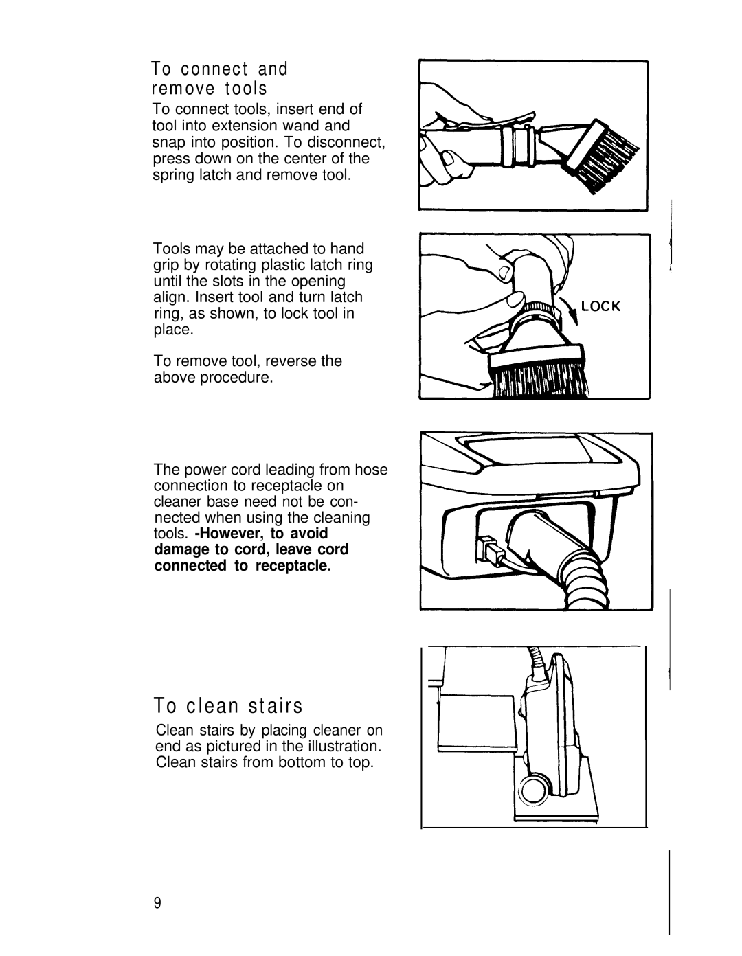 Hoover s3503 owner manual To clean stairs, To connect and remove tools 