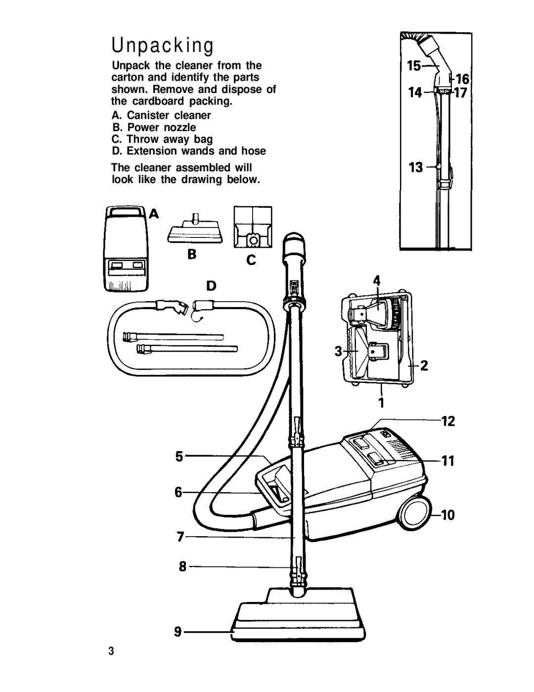 Hoover s3503 owner manual Unpacking 