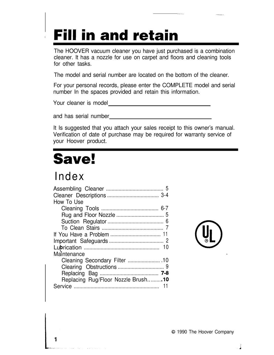 Hoover S3617, S3627 manual Fill in and retain, Index 