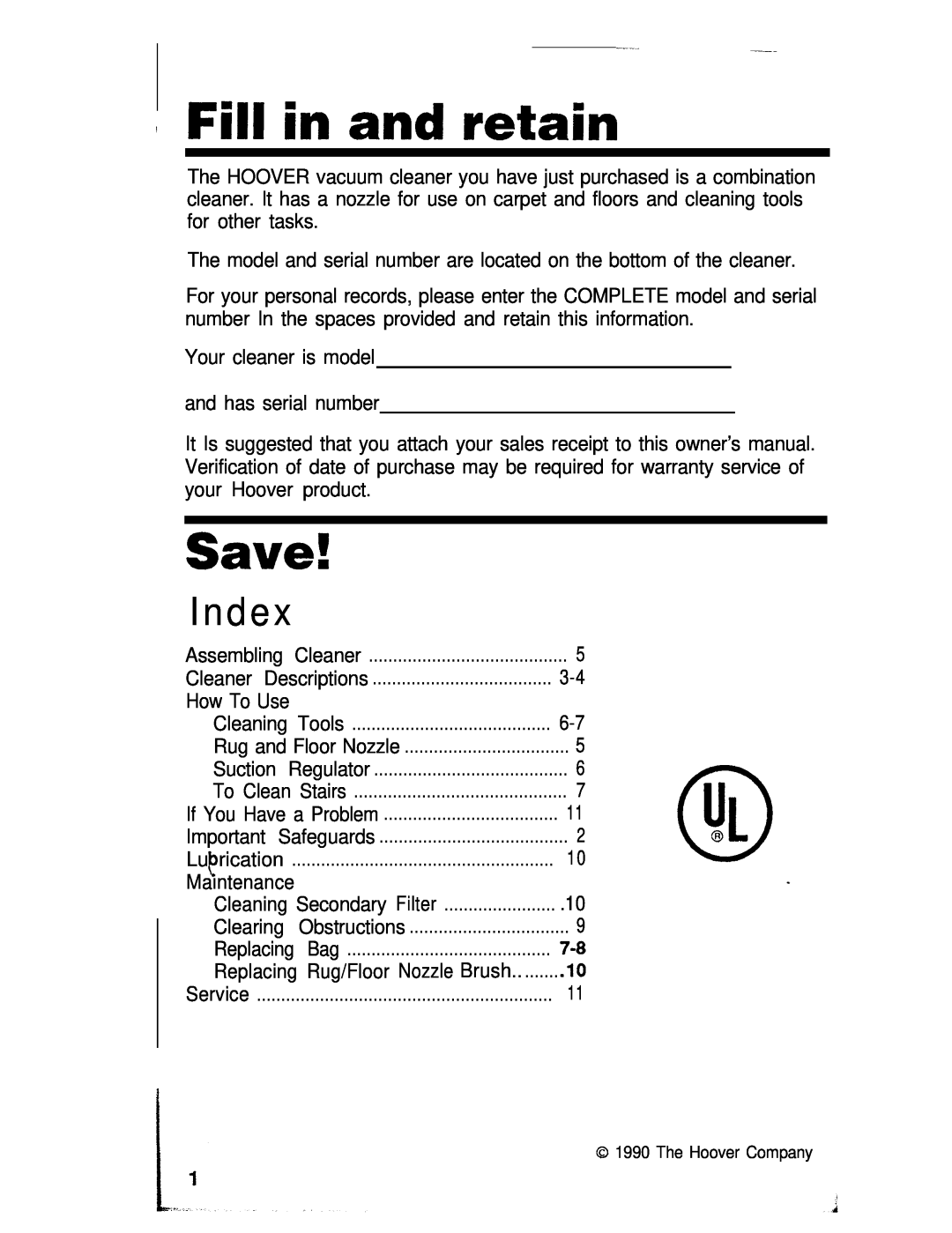 Hoover S3617, S3627 manual Index, Fill in and retain, Save 