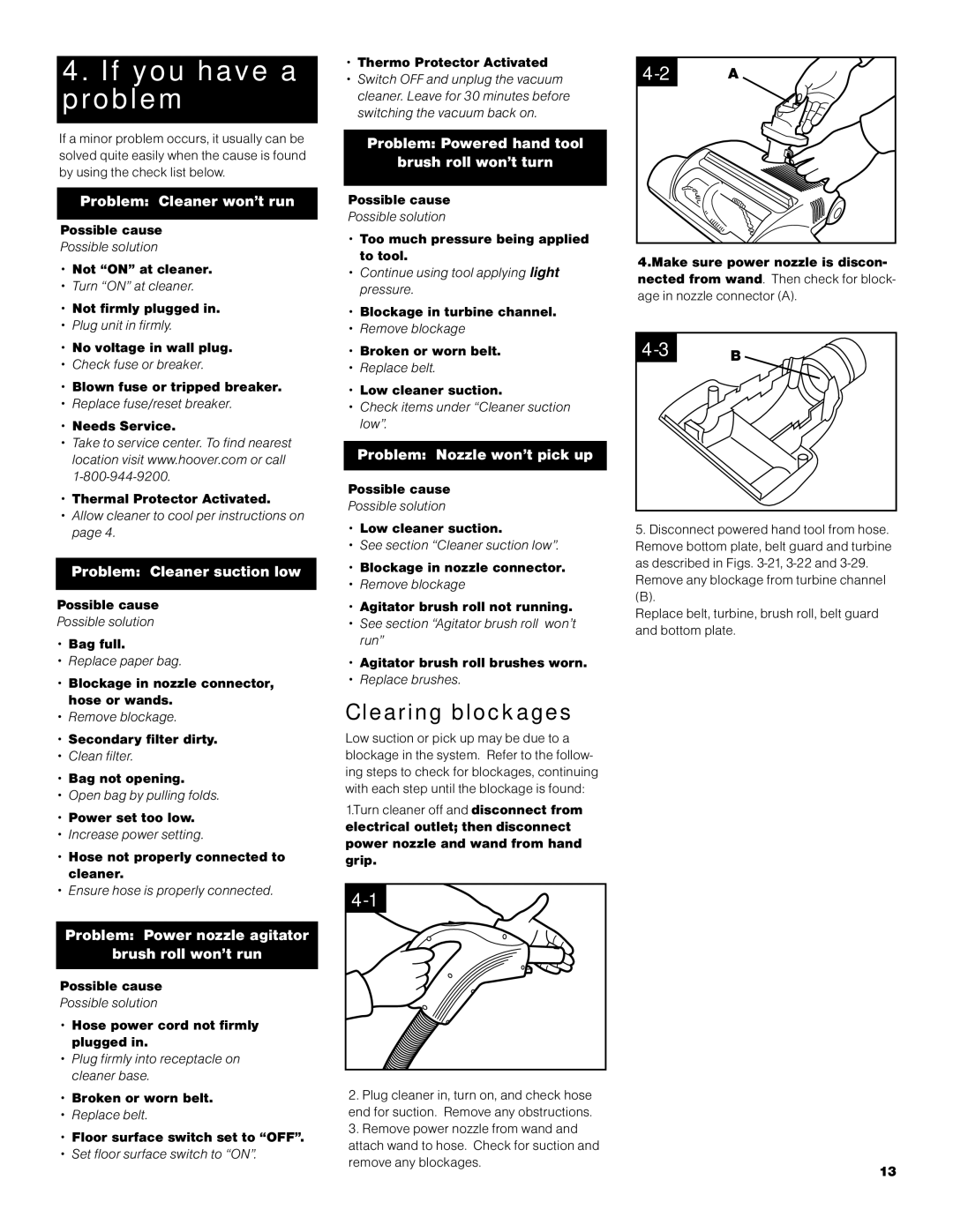 Hoover S3670 owner manual Clearing blockages 