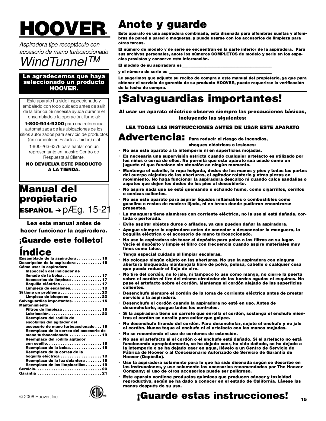 Hoover S3670 owner manual Índice, ¡Guarde estas instrucciones, ¡Guarde este folleto 