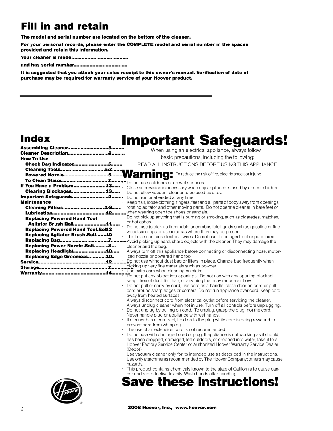 Hoover S3670 owner manual Fill in and retain, Index, How To Use, Maintenance, Replacing Powered Hand Tool 