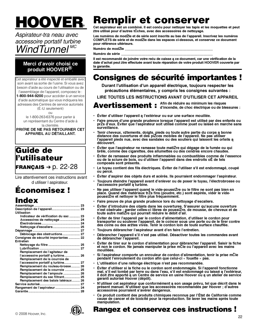 Hoover S3670 owner manual Guide de l’utilisateur­, Économisez Index, Français p, PRIťRE DE NE PAS Retourner CET 