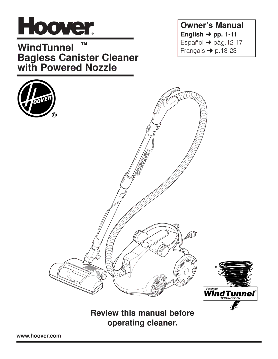 Hoover S3755050 owner manual WindTunnel TM Bagless Canister Cleaner with Powered Nozzle 