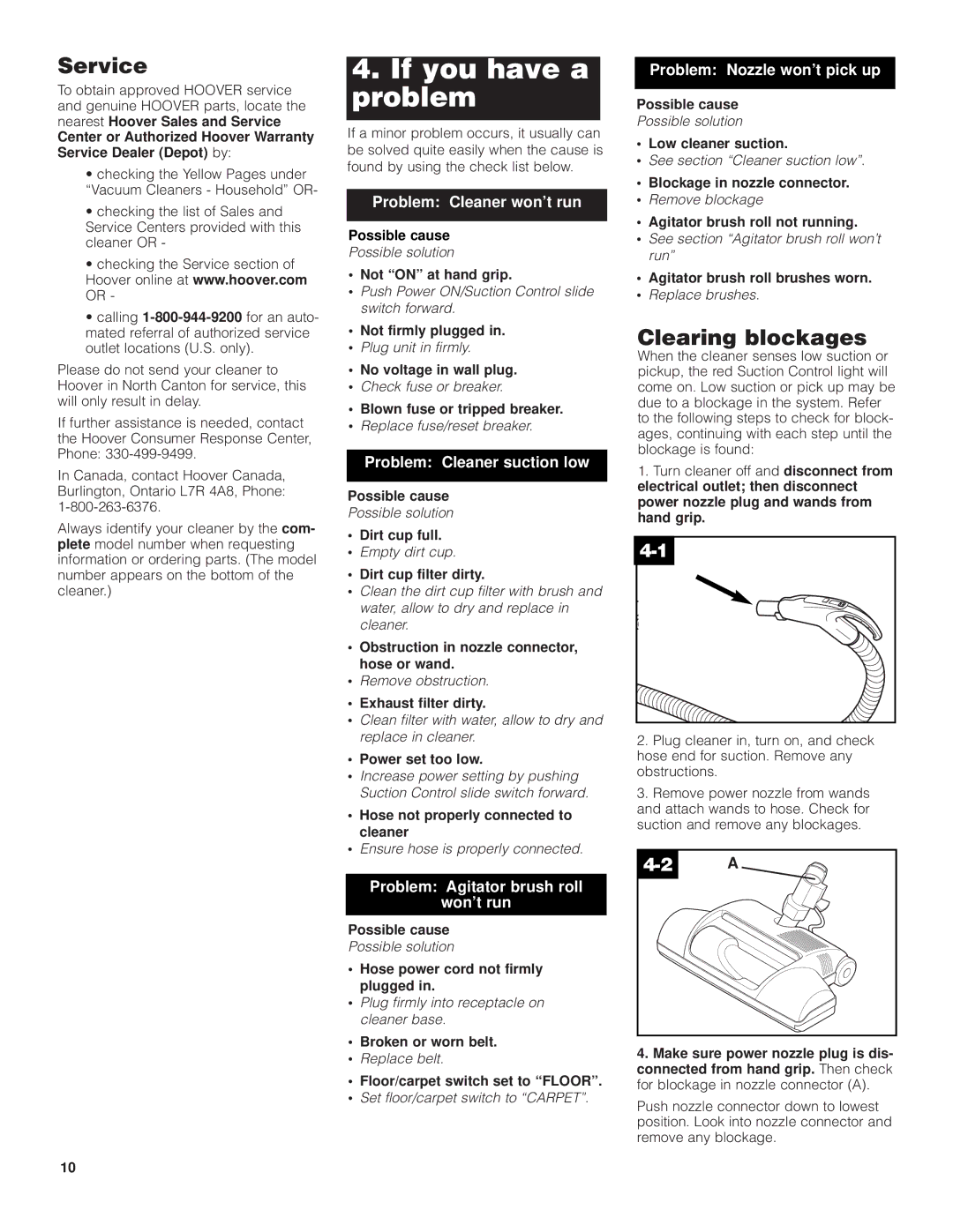 Hoover S3755050 owner manual If you have a problem, Service, Clearing blockages 