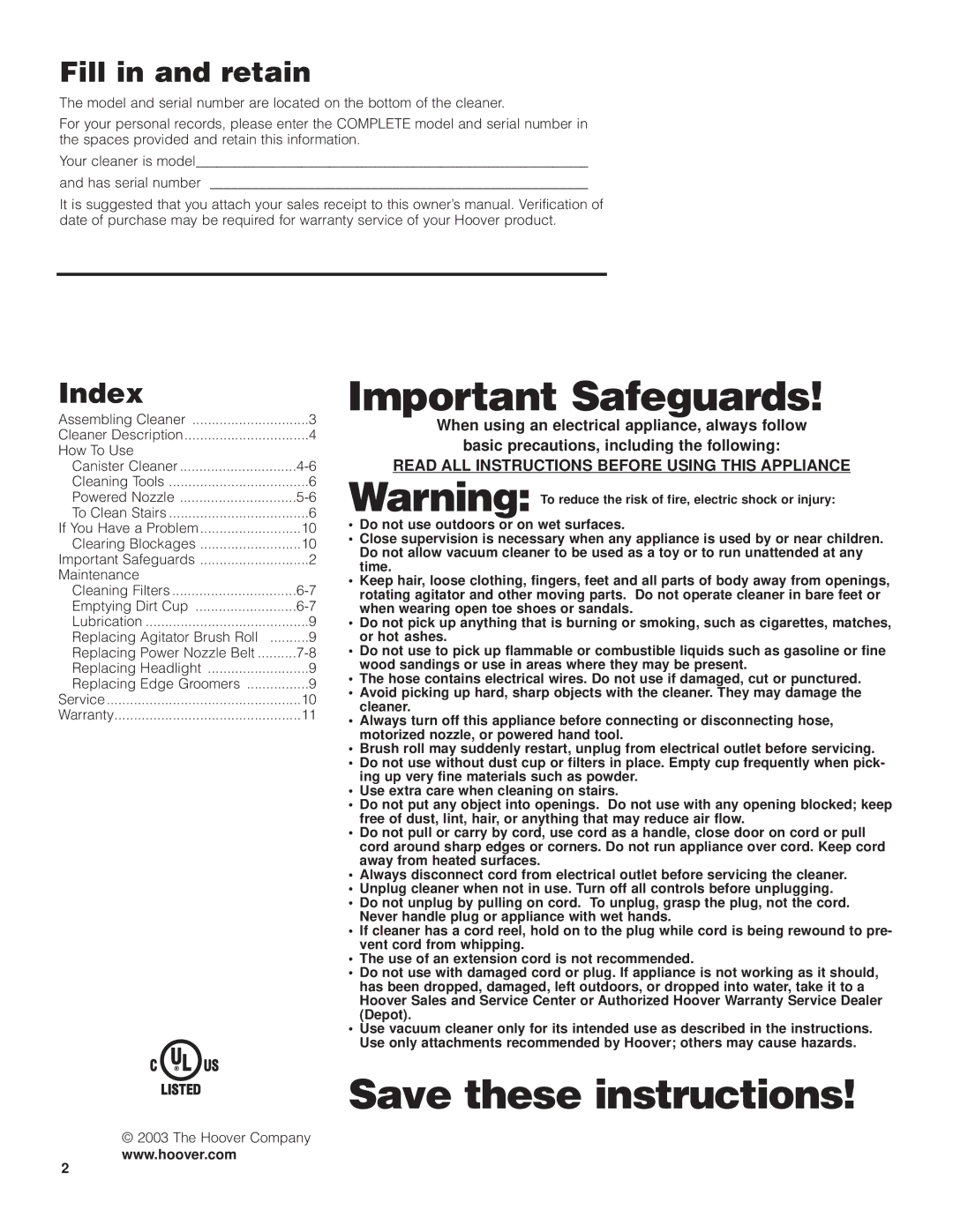 Hoover S3755050 owner manual Important Safeguards 