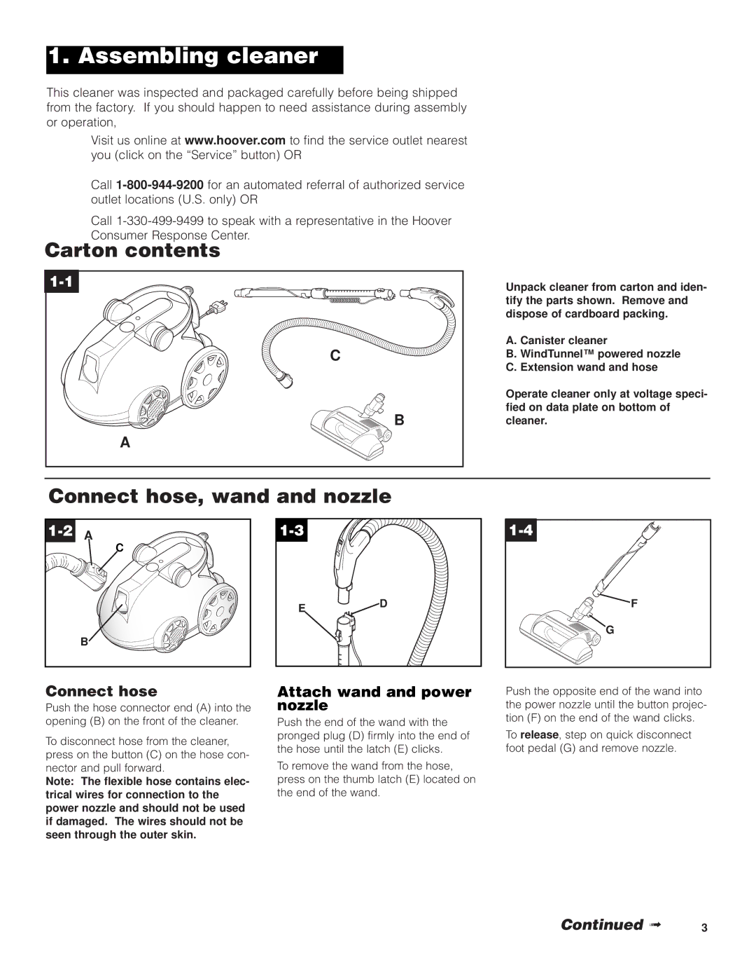 Hoover S3755050 owner manual Assembling cleaner, Carton contents, Connect hose, wand and nozzle 