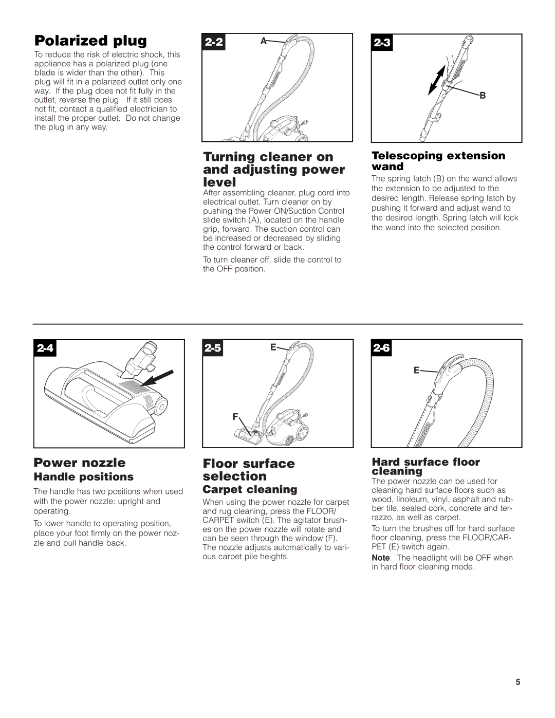 Hoover S3755050 Polarized plug, Turning cleaner on and adjusting power level, Power nozzle, Floor surface, Selection 