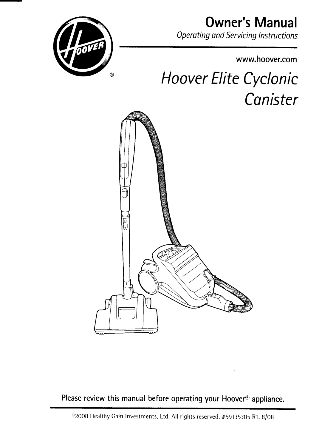 Hoover S3825 owner manual HooverEliteCyclonic Conister 