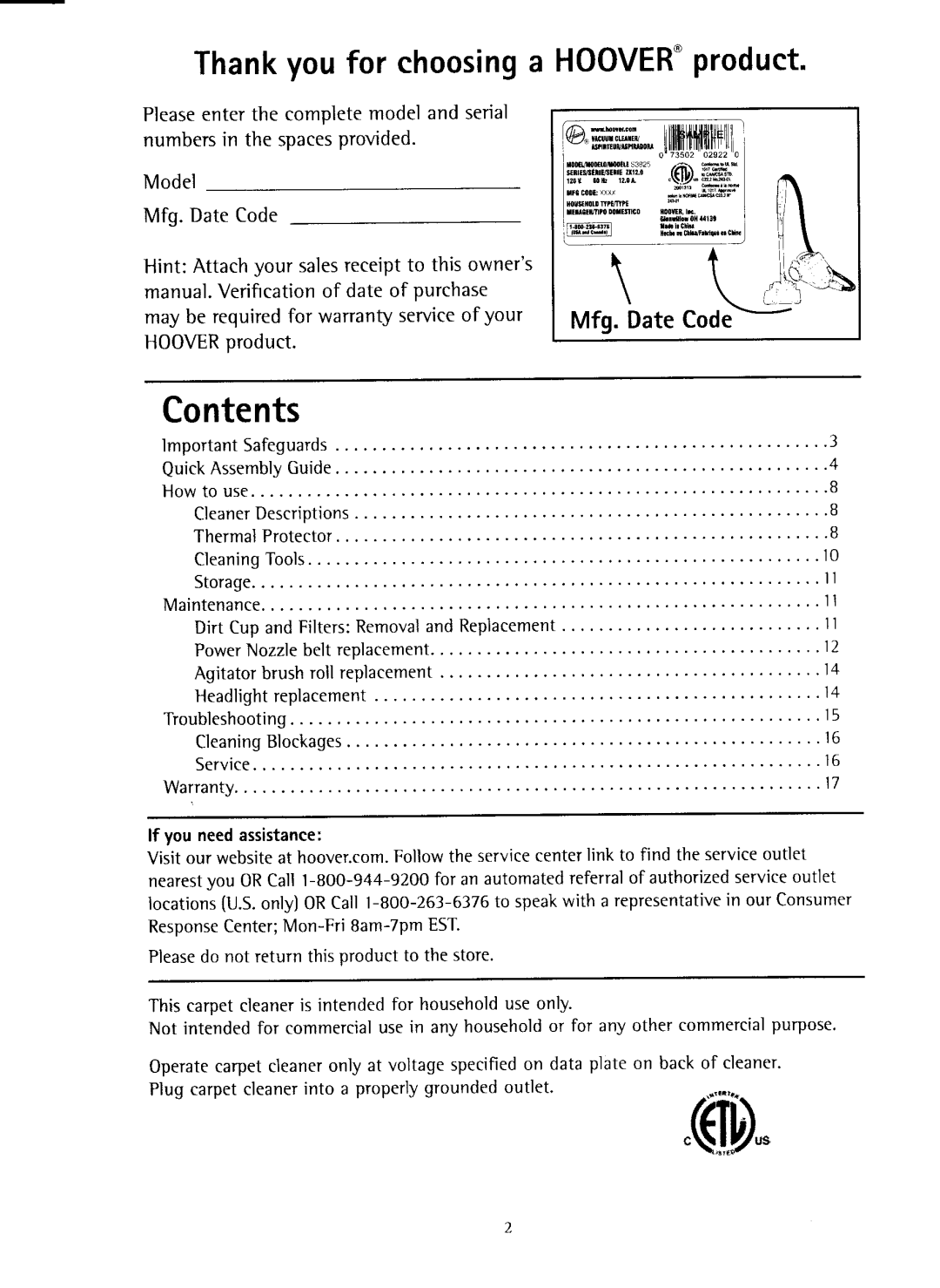 Hoover S3825 owner manual Contents 