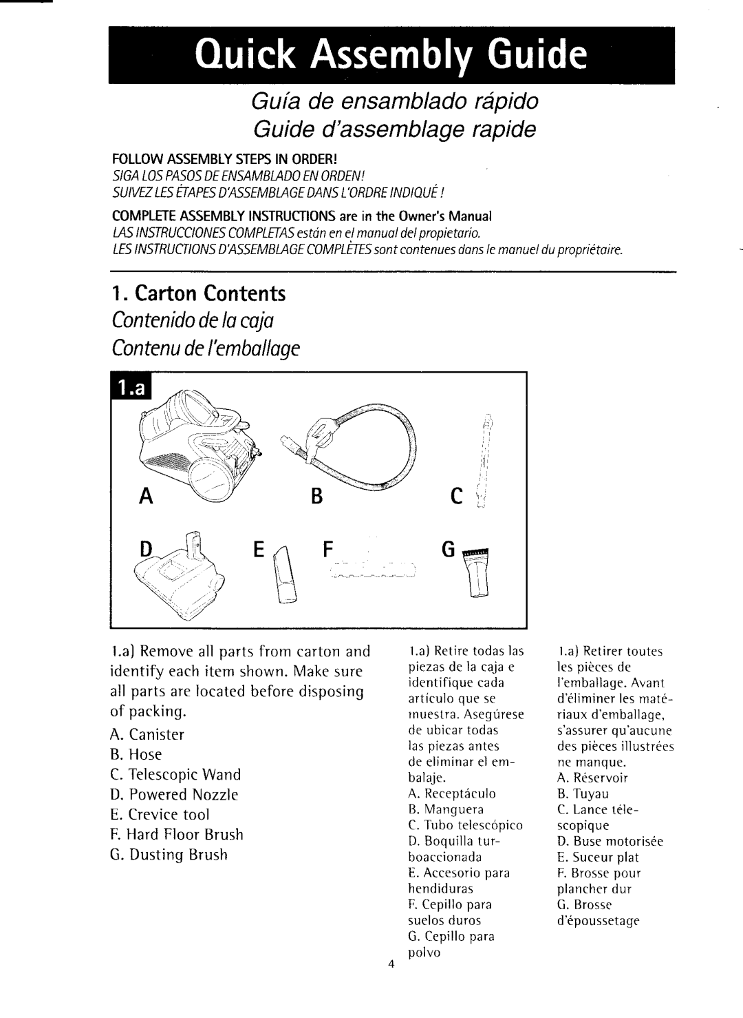 Hoover S3825 Guia de ensambladorapido Guidedassemblagerapide, CartonContents Contenidodelocojo Contenudelembolloge 