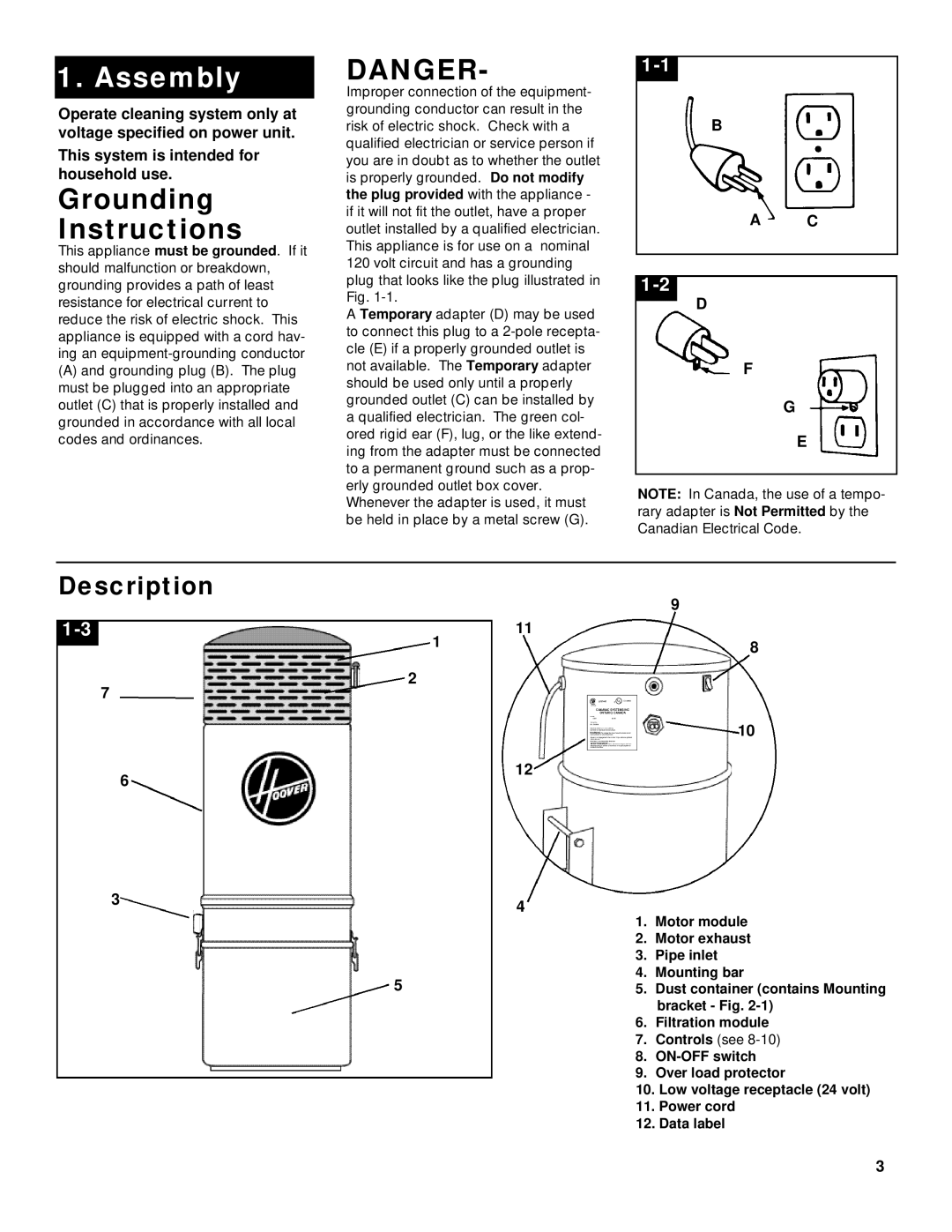 Hoover S5640 owner manual Assembly, Grounding Instructions, Description 