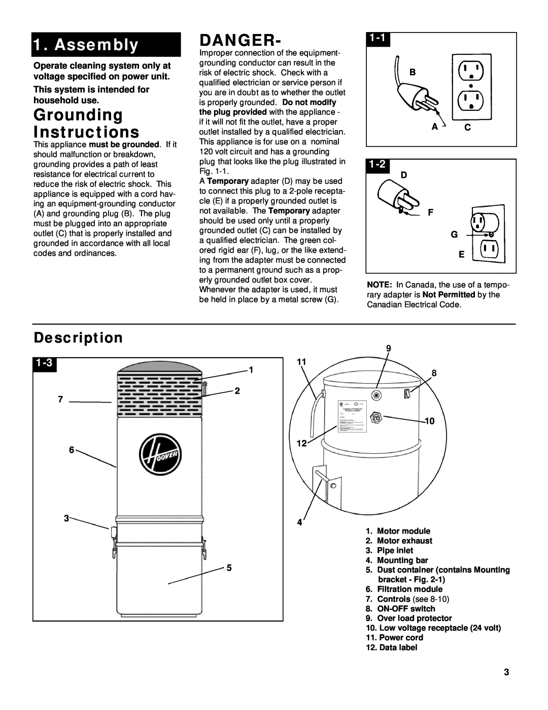 Hoover S5640 owner manual Assembly, Grounding Instructions, Danger, Description 