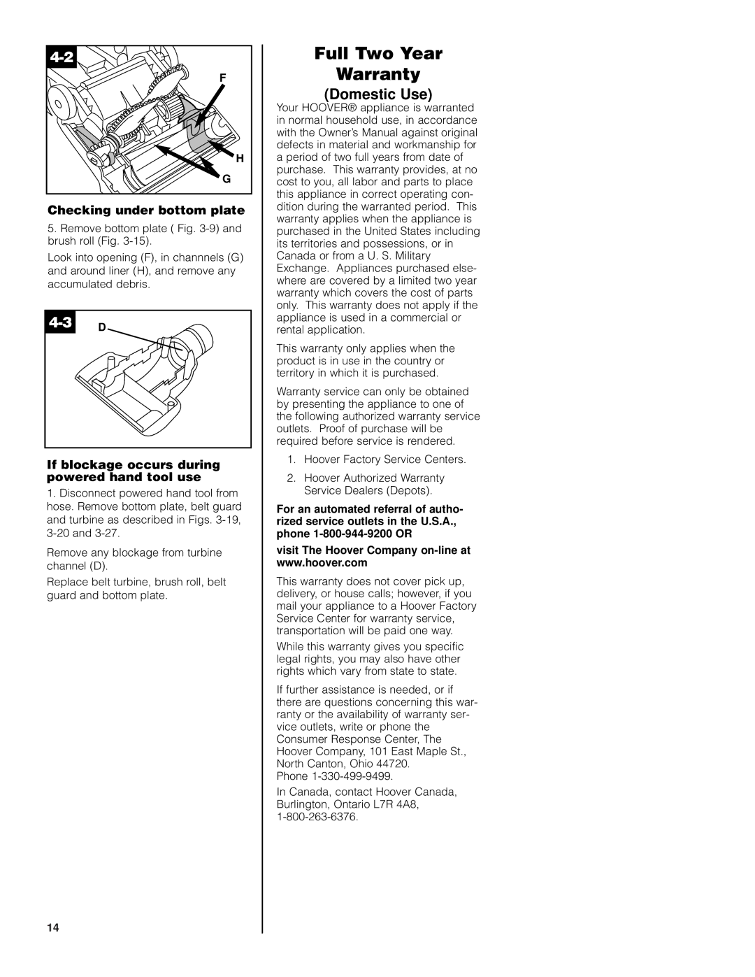 Hoover Self-Propelled Powered Hand Tool manual Full Two Year Warranty, Domestic Use, Checking under bottom plate 