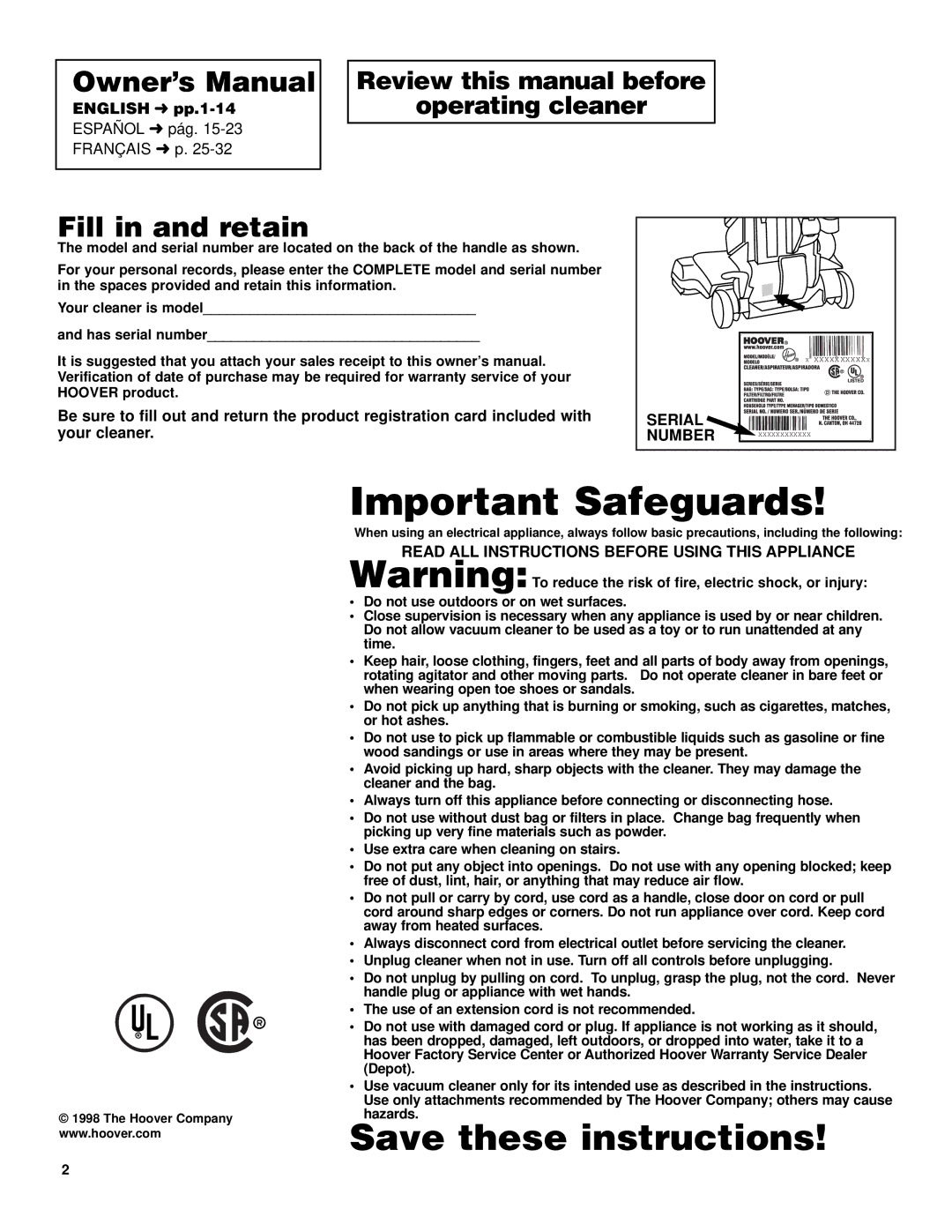 Hoover Self-Propelled Powered Hand Tool Fill in and retain, Review this manual before Operating cleaner, English pp.1-14 