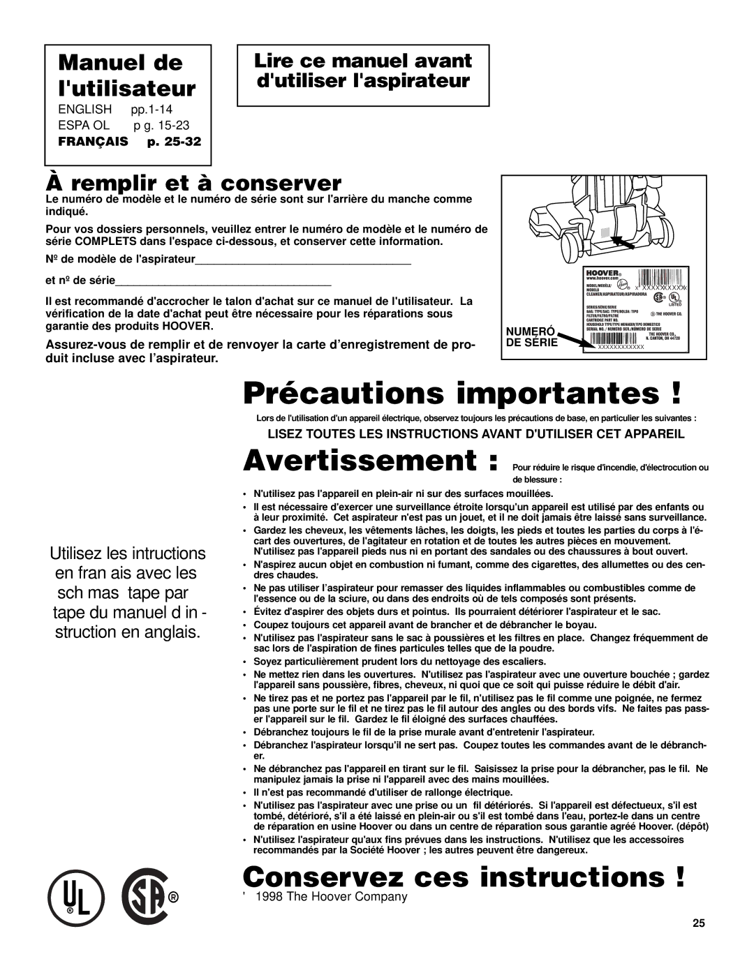 Hoover Self-Propelled Powered Hand Tool manual Manuel de lutilisateur, Remplir et à conserver 