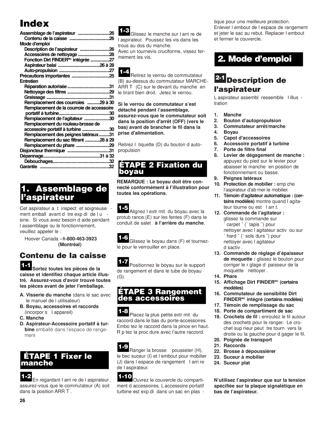 Hoover Self-Propelled Powered Hand Tool manual Mode d’emploi, Assemblage de l’aspirateur, 1Description de l’aspirateur 