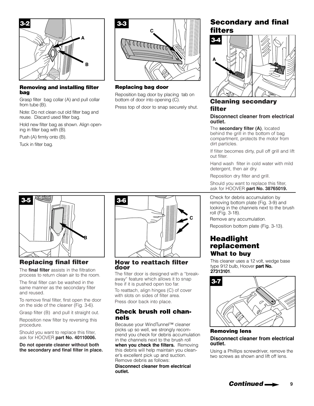 Hoover Self-Propelled Powered Hand Tool manual Secondary and final filters, Headlight replacement 