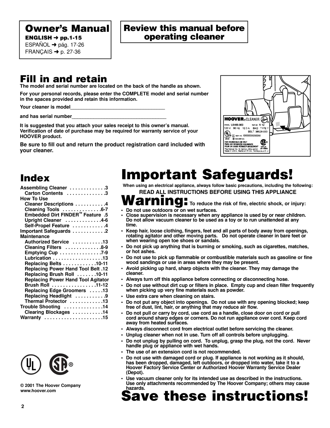 Hoover Self-Propelled WindTunnel Bagless with Powered Hand Tool manual Fill in and retain, English pp.1-15 