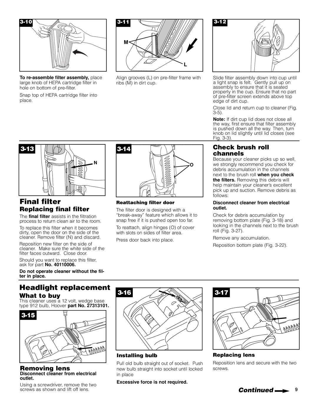 Hoover Self-Propelled WindTunnel Bagless with Powered Hand Tool manual Final filter, Headlight replacement 