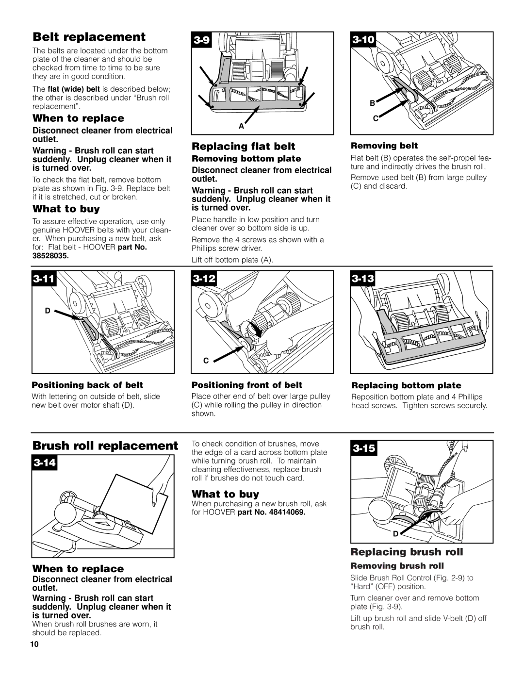 Hoover Self-Propelled WindTunnel Cleaner manual Belt replacement, Brush roll replacement, Replacing flat belt 